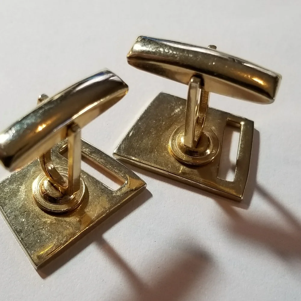 Vintage cuff links gold tone metal angled cutout cufflinks